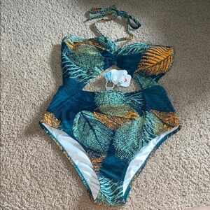 Cupshe One Piece Swimsuit - Blue and Orange Leaf Print size medium swim wear NWT